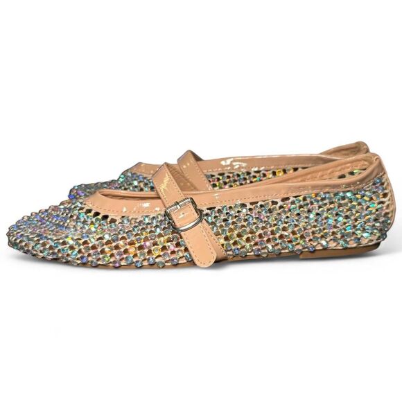 Bamboo Sparkly Mesh Mary Jane Flats Women’s Size 11M Nude Beige Rhinestone Balle - Picture 3 of 8